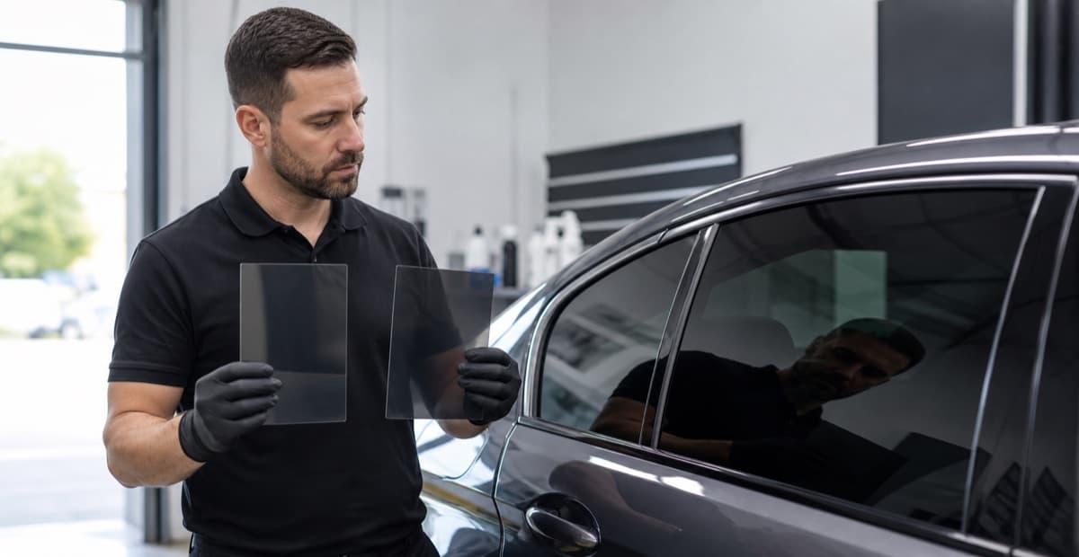 Tint shop owner comparing ceramic and carbon window tint film beside a vehicle