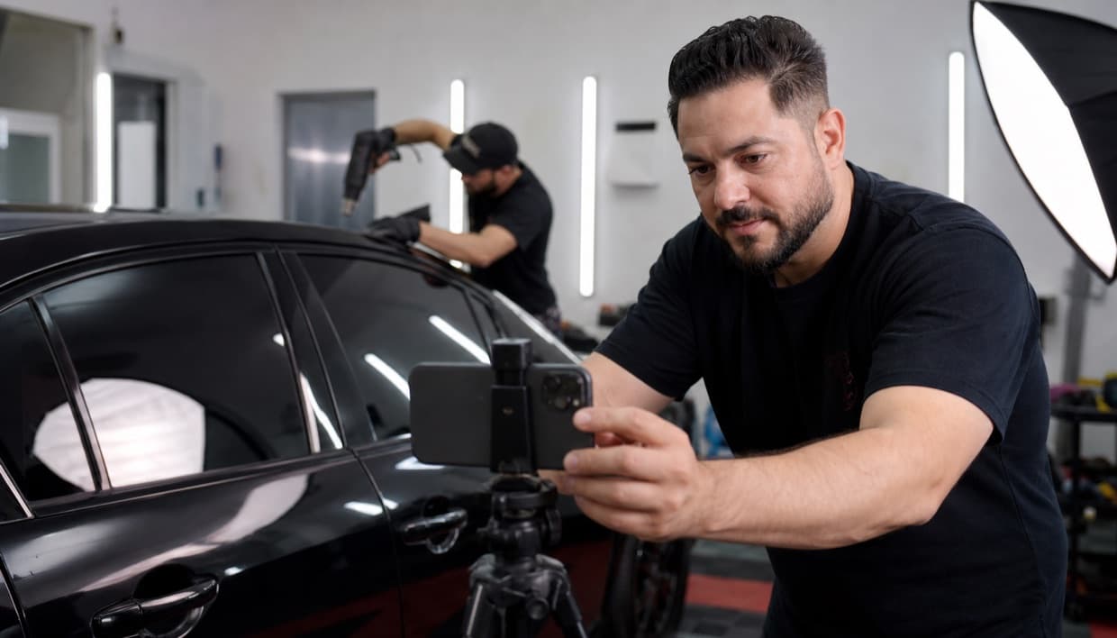 Shop owner filming before and after window tint content for social media ads