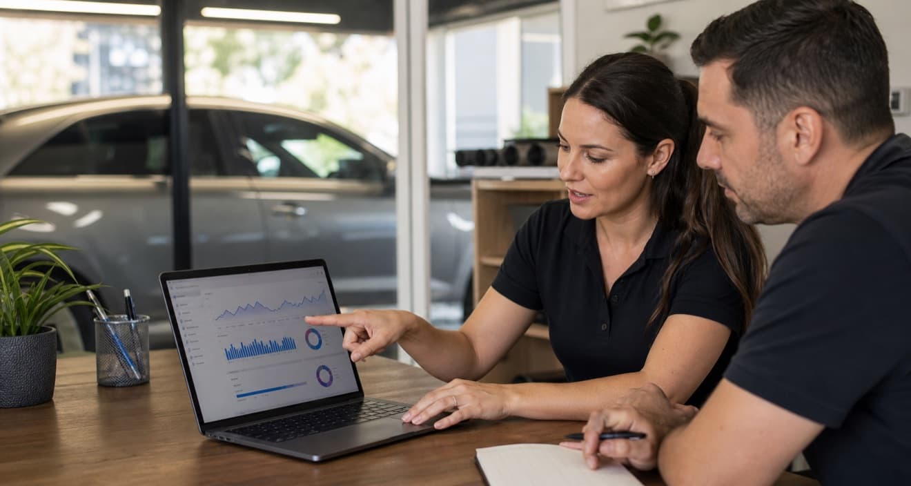 Marketing manager reviewing a PPC campaign dashboard for a window tint dealer