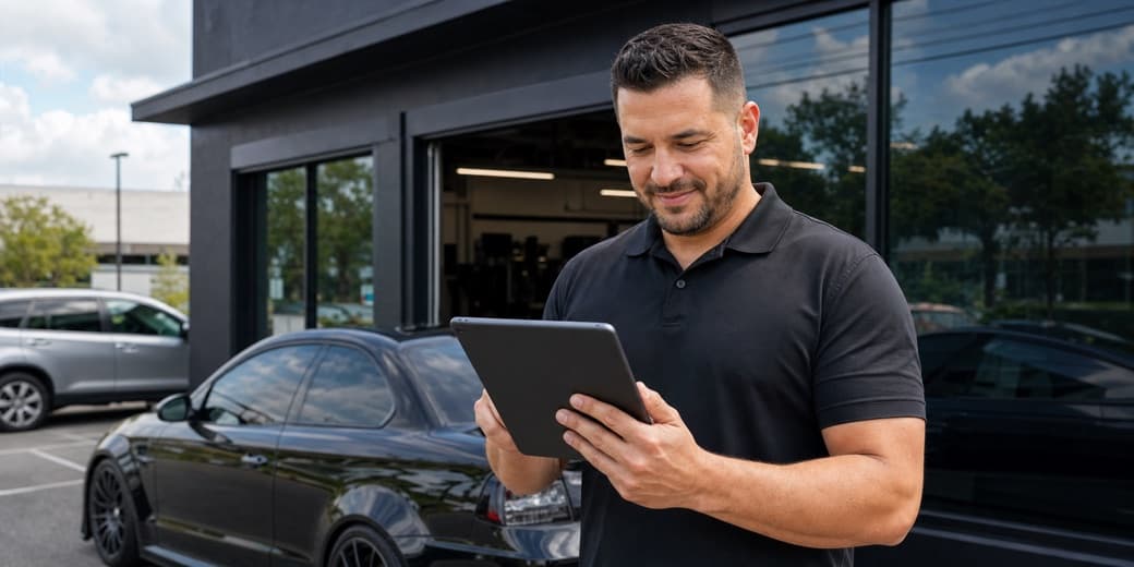 Window tint shop owner reviewing local ranking visibility on a tablet outside the shop
