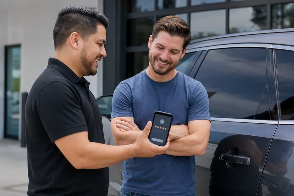 Tint shop owner asking a happy customer for a review beside a freshly tinted car