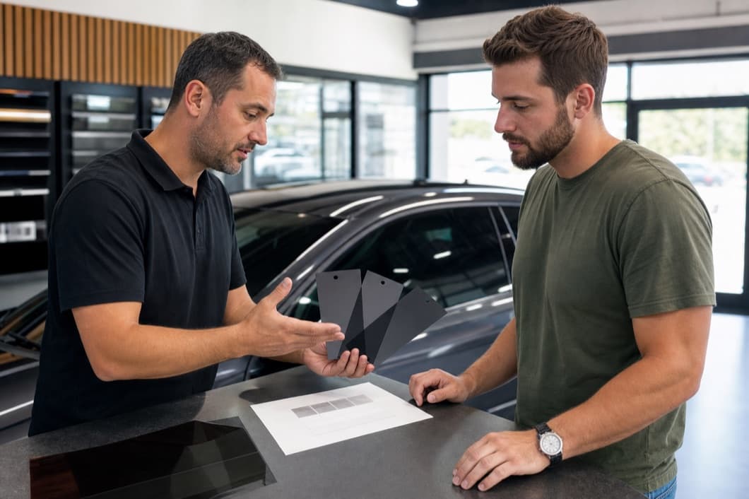 Tint shop owner explaining premium pricing options with film samples to a customer