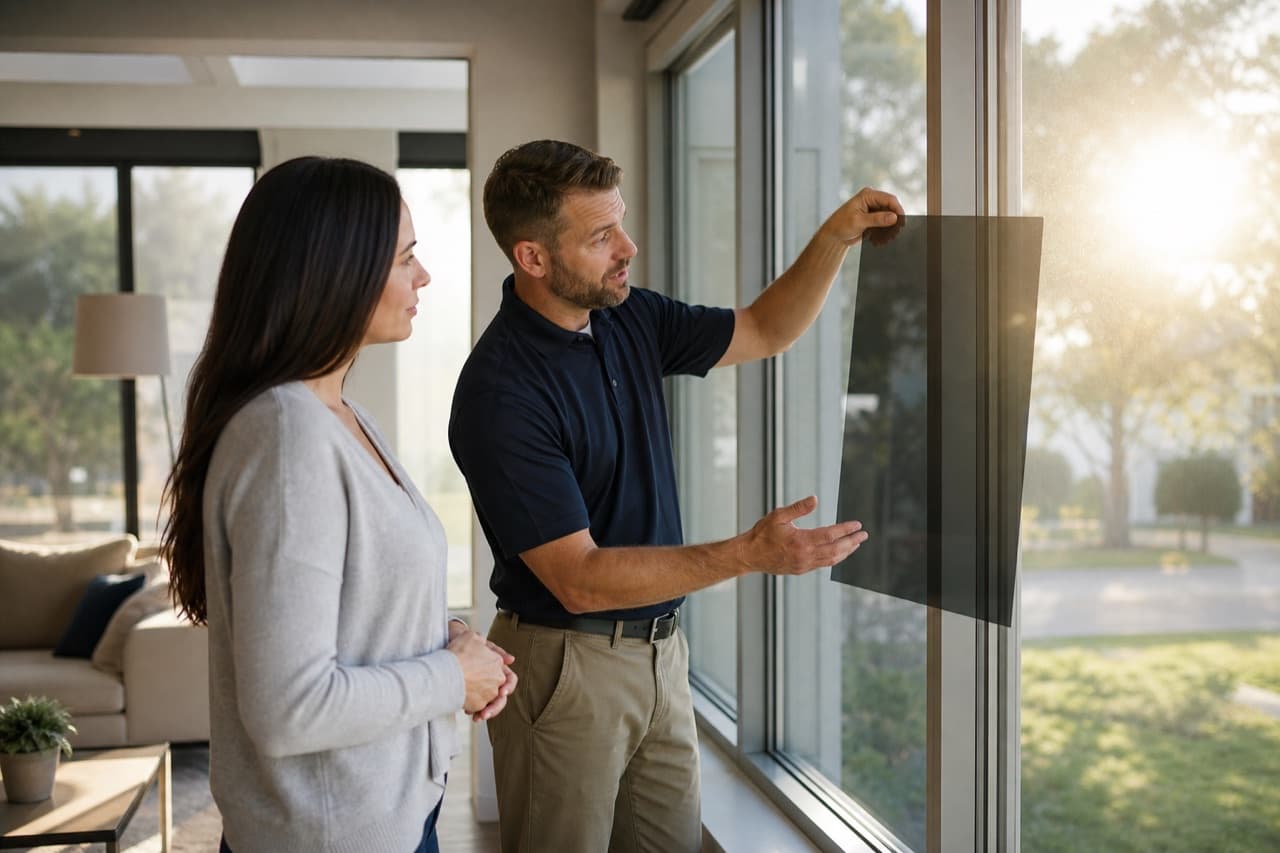 Residential window film consultant showing a homeowner how tint reduces glare and heat