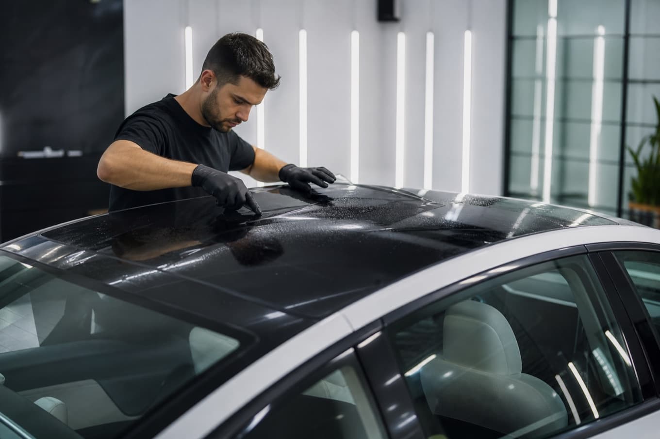 Technician applying ceramic tint to a premium electric vehicle glass roof