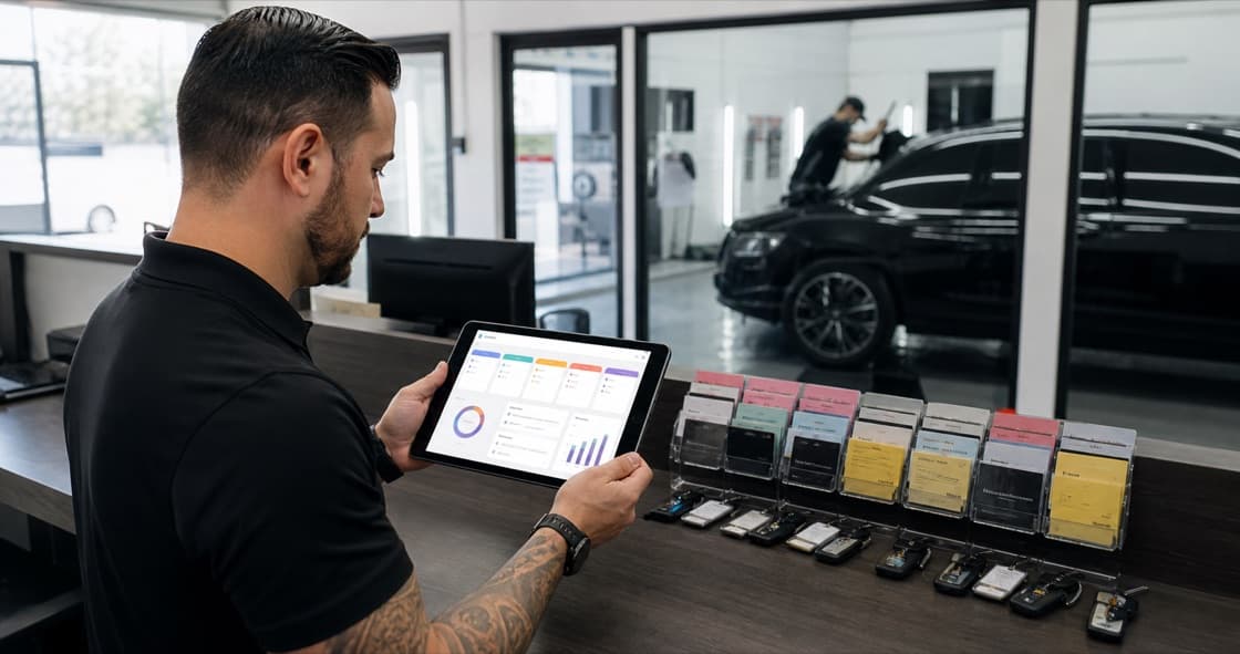 Tint shop manager using a CRM pipeline dashboard on a tablet at the front counter