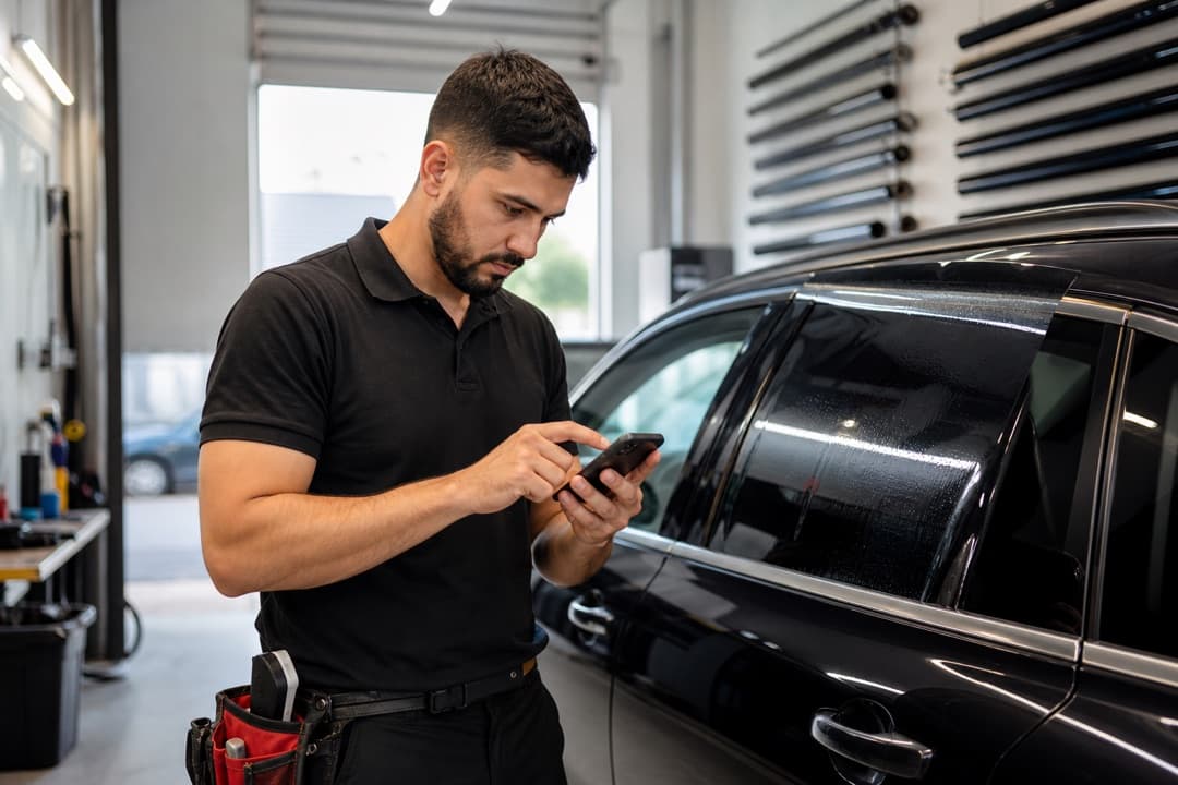 Tint shop owner responding quickly to a new customer lead on a smartphone