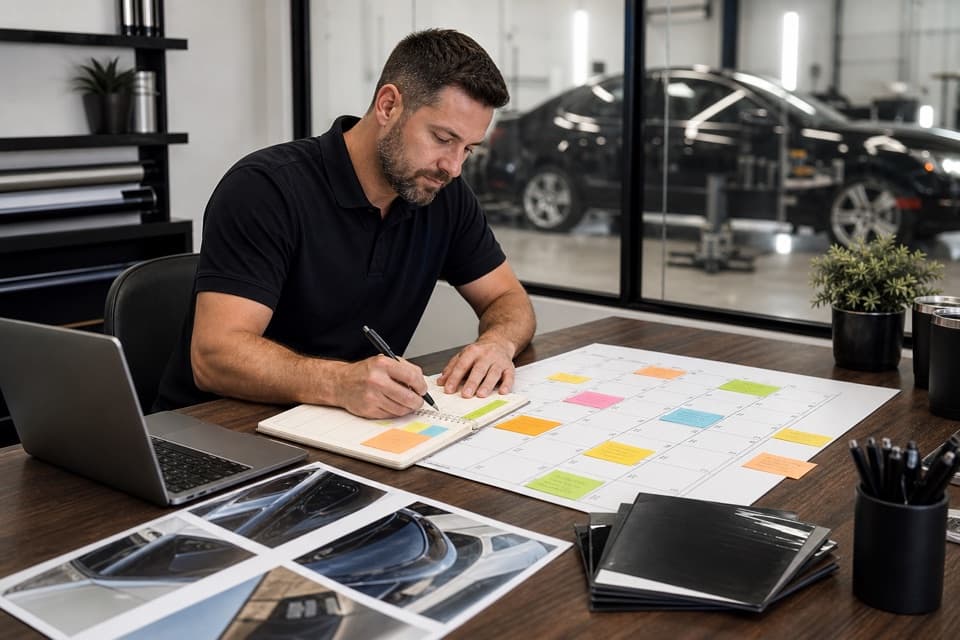 Window tint shop owner planning a year of marketing campaigns with a laptop and calendar