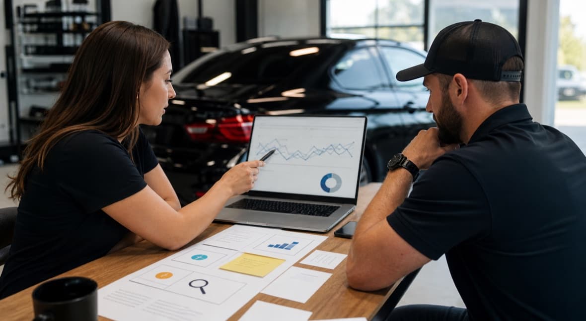 SEO specialist and tint shop owner researching window tint keywords on a laptop