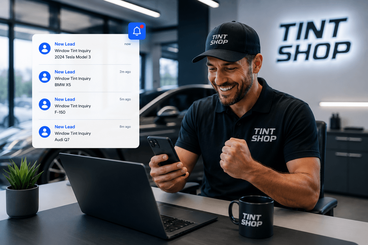 Tint shop owner excited about new lead notifications coming in on his phone