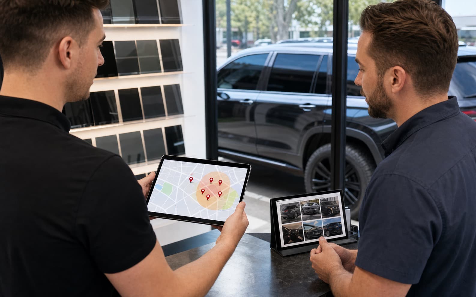Window tint shop owner reviewing Google Maps rankings on a tablet