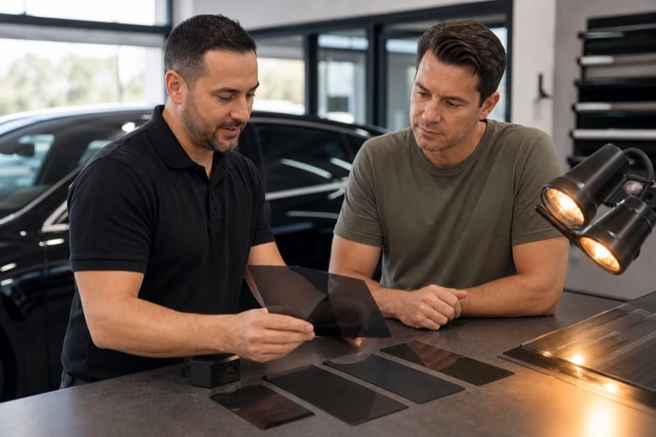 Tint shop owner explaining premium ceramic tint benefits with film samples and a customer