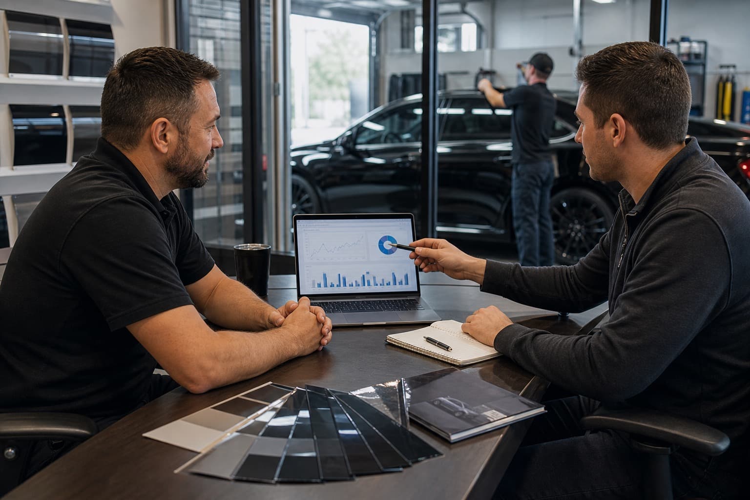 Tint shop owner interviewing a marketing agency representative at the shop office desk