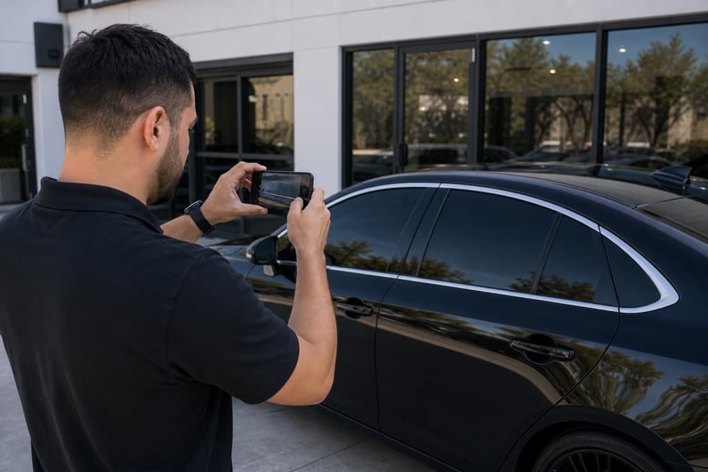 Tint technician photographing a finished tinted vehicle for a Google Business Profile update