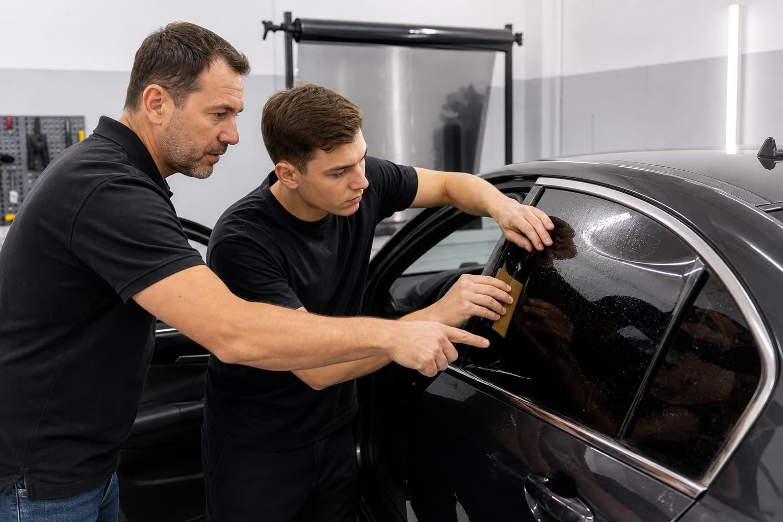 Tint shop owner training a new installer on window film application