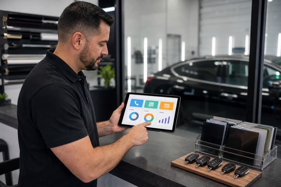 Tint shop owner reviewing lead sources and booked jobs on a dashboard tablet
