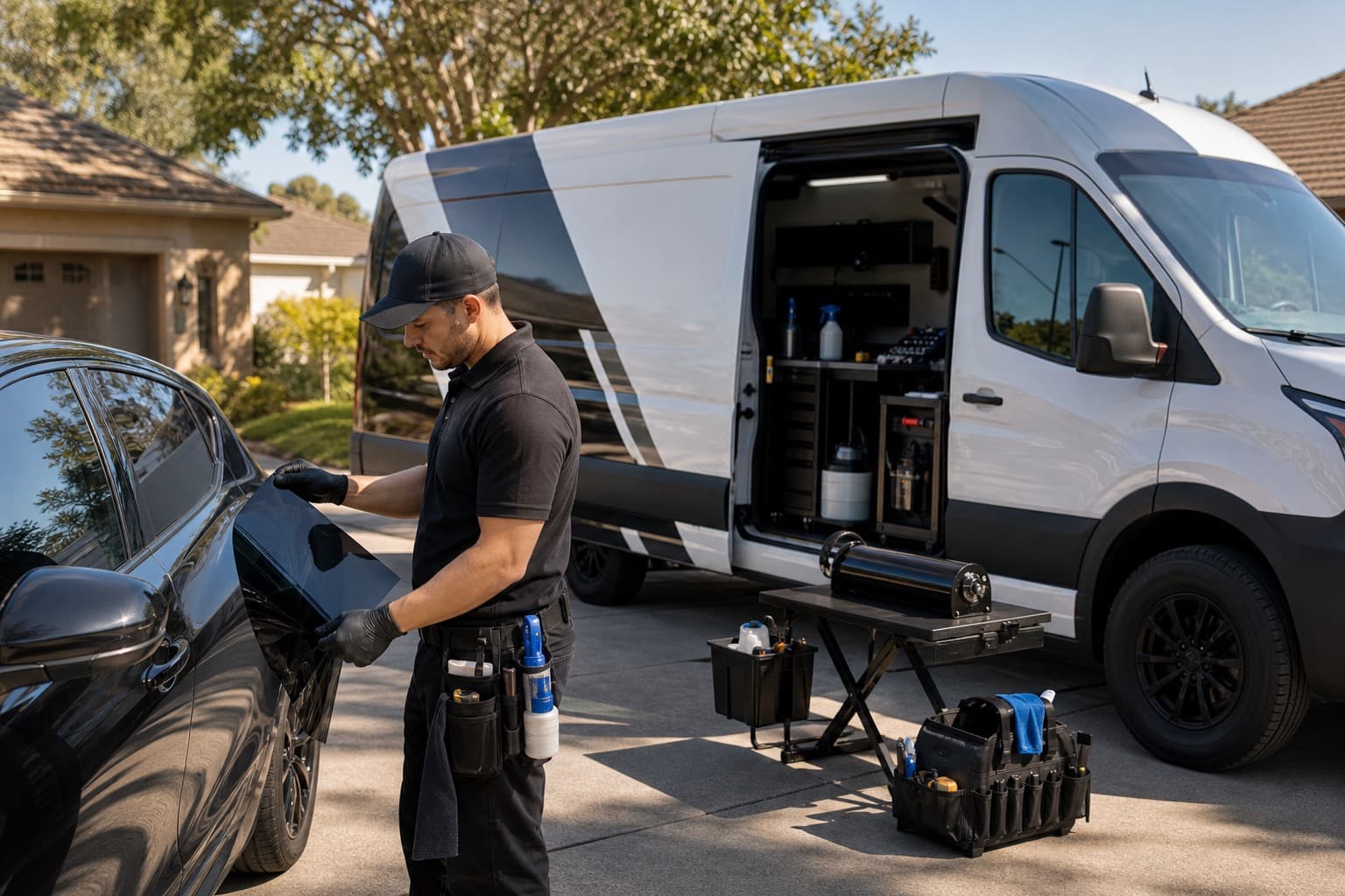 Mobile window tint technician branding a service van outside a client's driveway