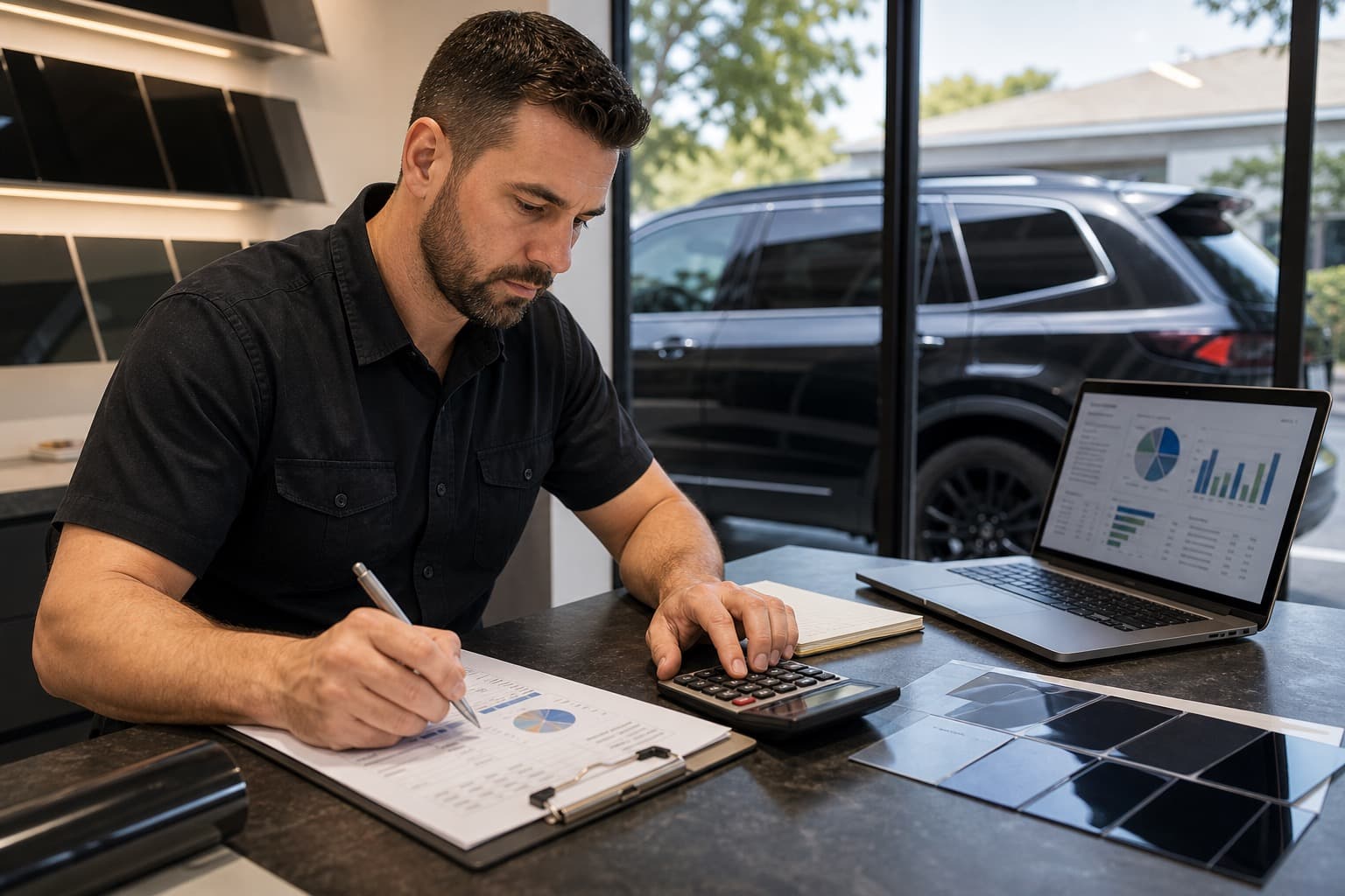 Window tint shop owner reviewing a marketing budget spreadsheet and calculator at the front counter