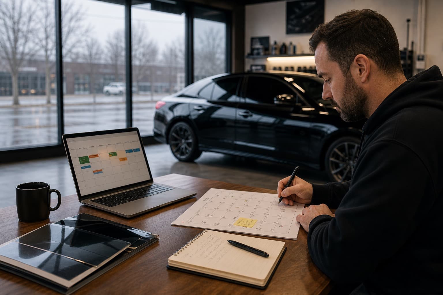 Window tint shop owner planning off-season marketing strategy in a quiet shop during winter