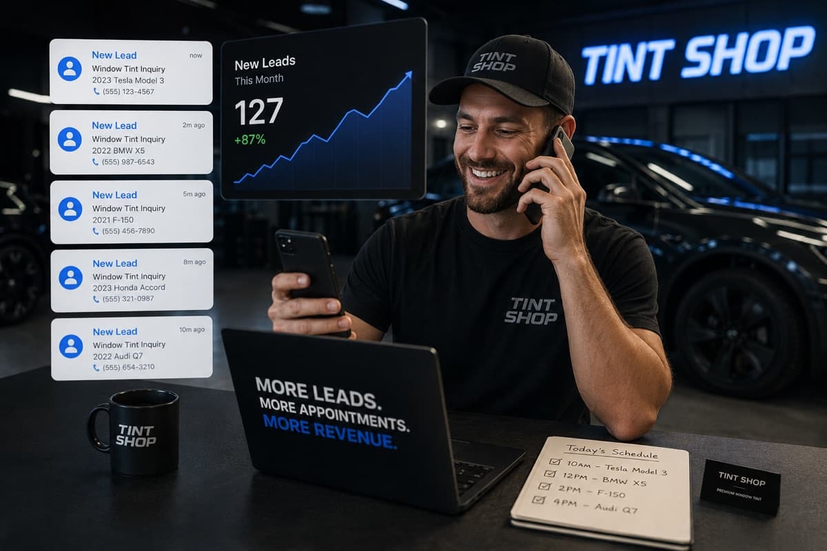 Tint shop owner receiving new leads on phone with lead notifications and growth chart showing 127 new leads this month