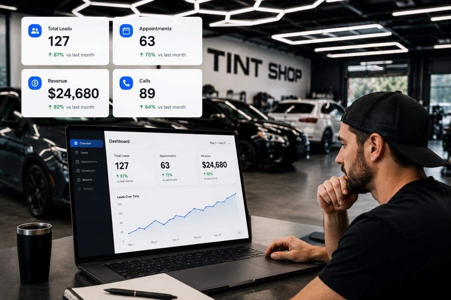 Window tint shop owner reviewing a marketing agency reporting dashboard with lead and revenue attribution