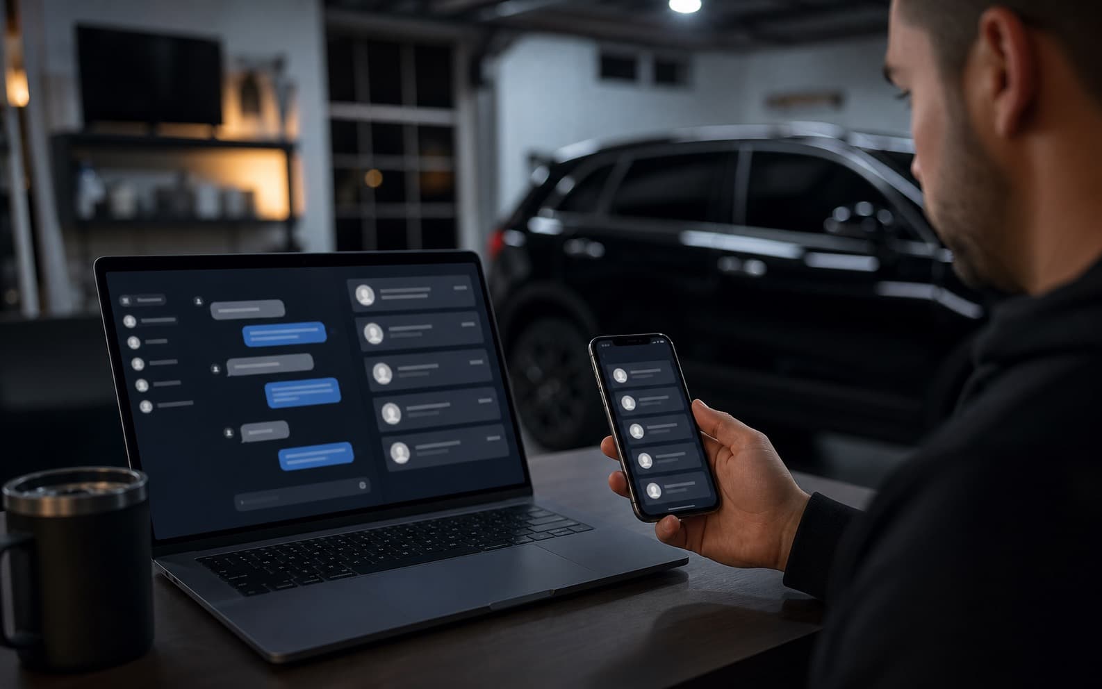 Window tint shop owner reviewing after-hours AI lead capture on a laptop
