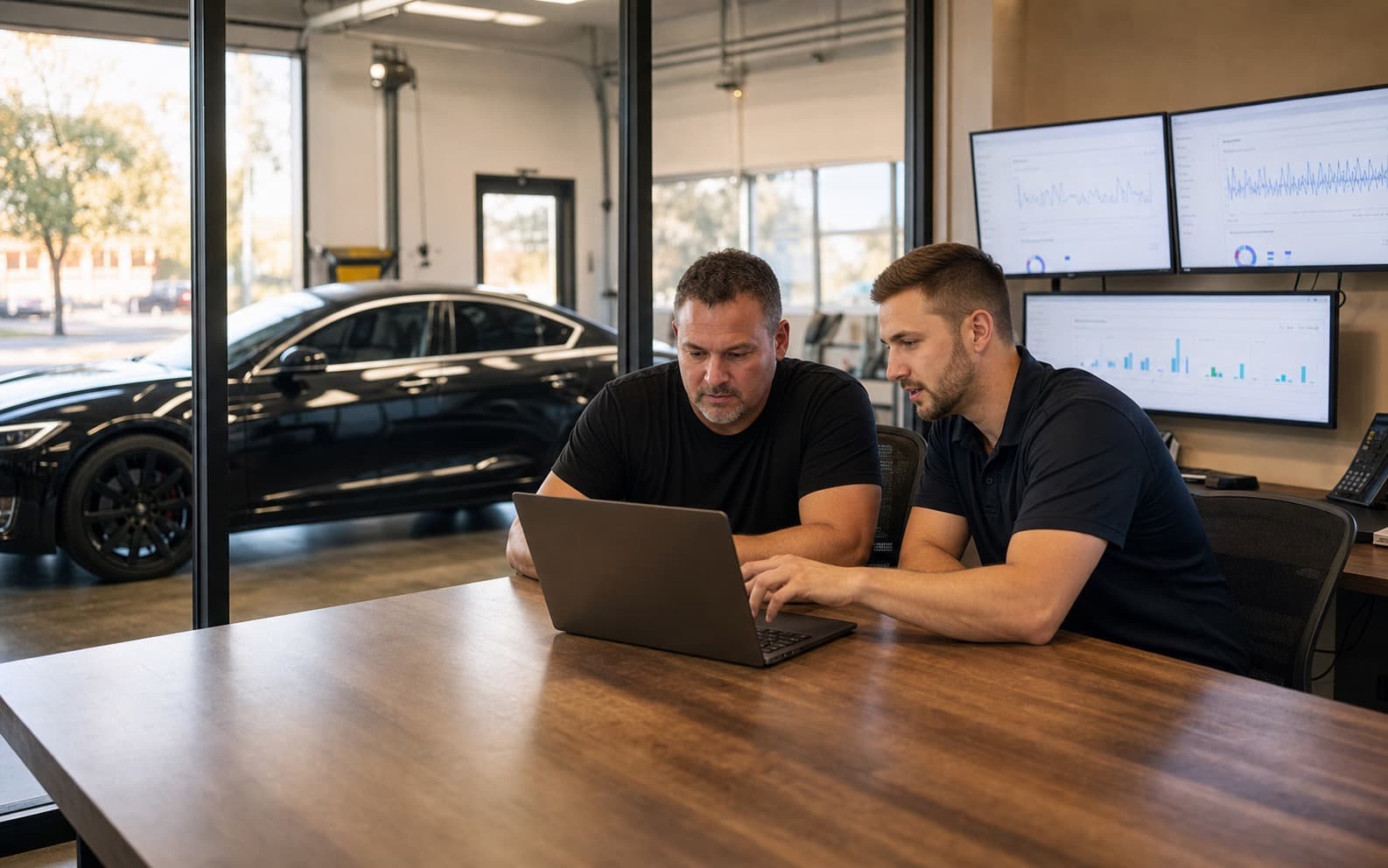 Tint shop owner reviewing Google Ads performance beside a freshly tinted vehicle