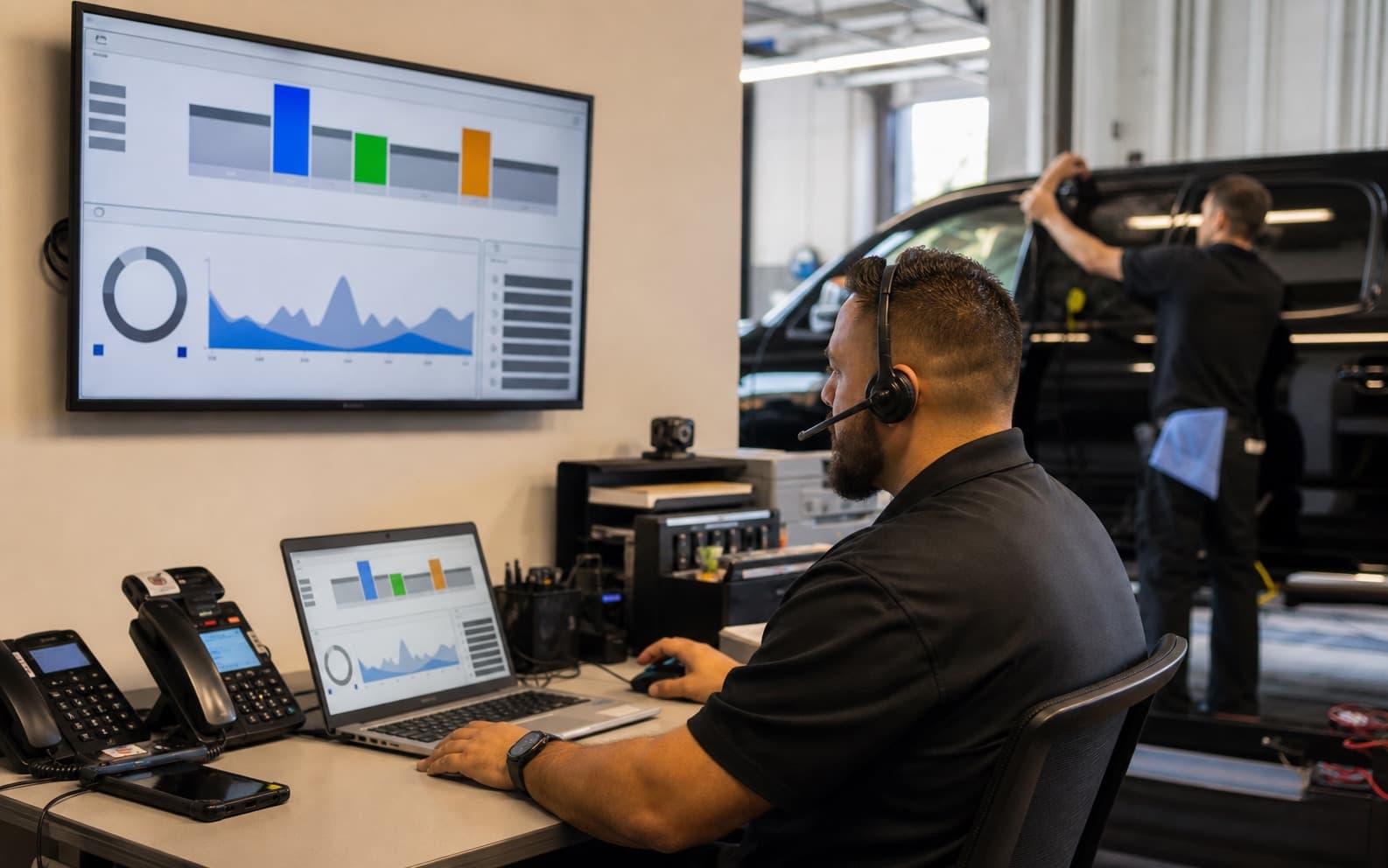 Tint shop manager tracking calls and leads in a CRM dashboard