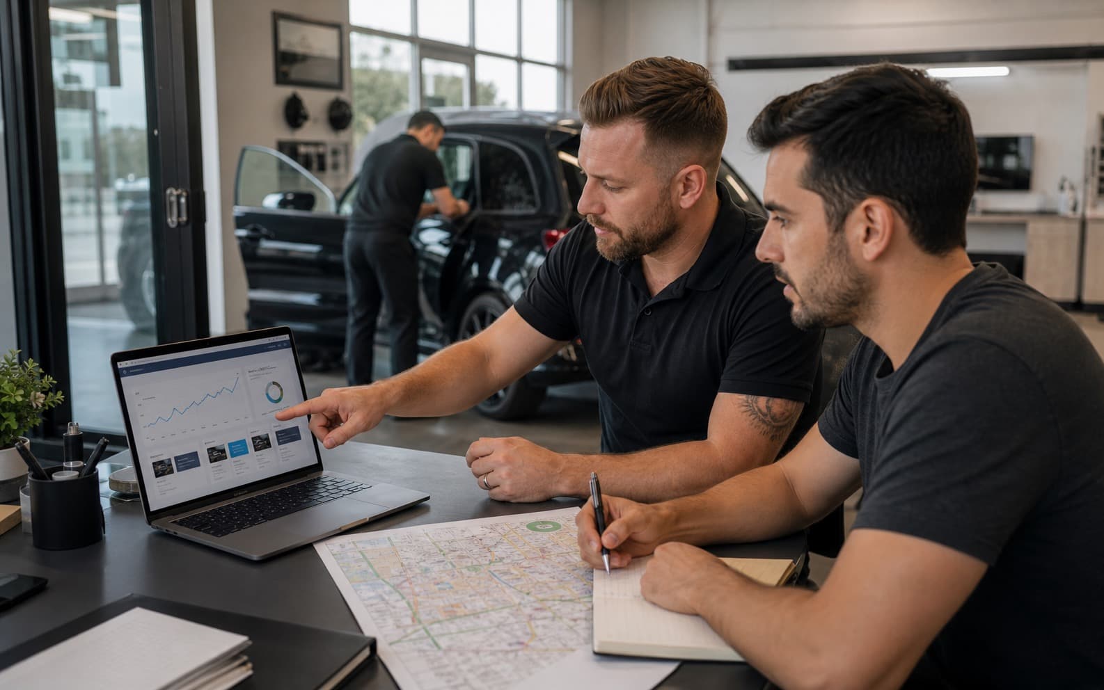 Tint shop owner planning local SEO content and search rankings at the front desk