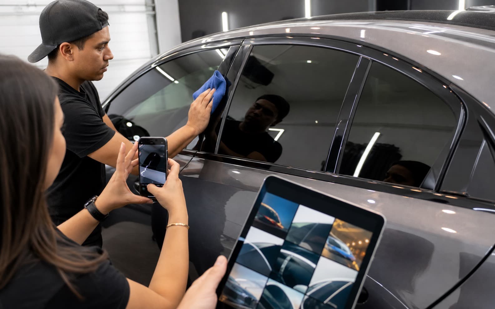 Marketer capturing before and after window tint content in an installation bay